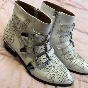 White studded and buckled boots